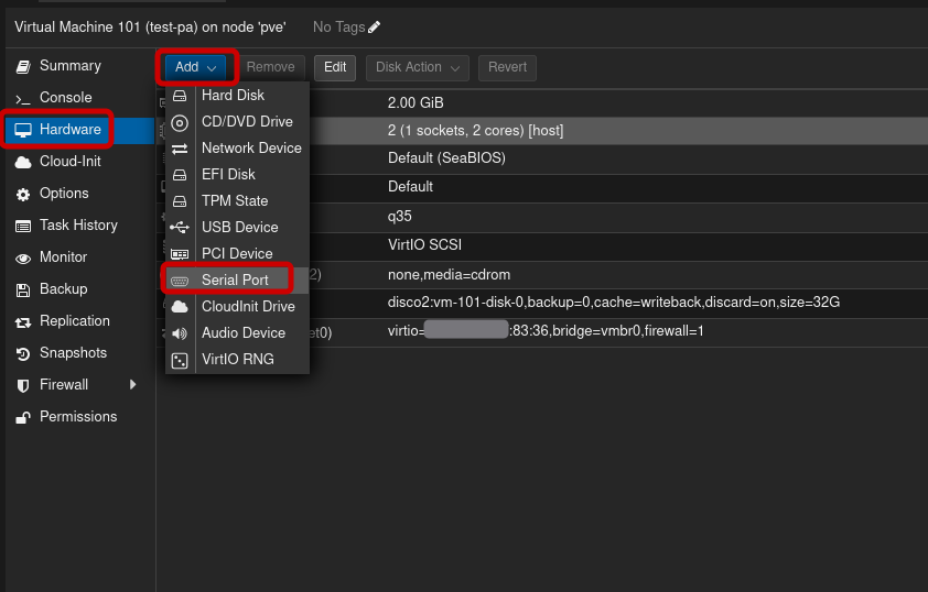 Screenshot che mostra come aggiungere una porta seriale dall'interfaccia web di Proxmox VE